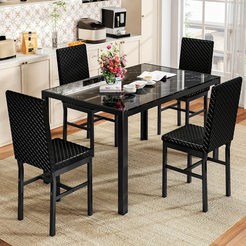 Modern Luxury Style 5 dining table set suit, desktop with frosted glass 、 metal frame and imitation leather sofa dining chair