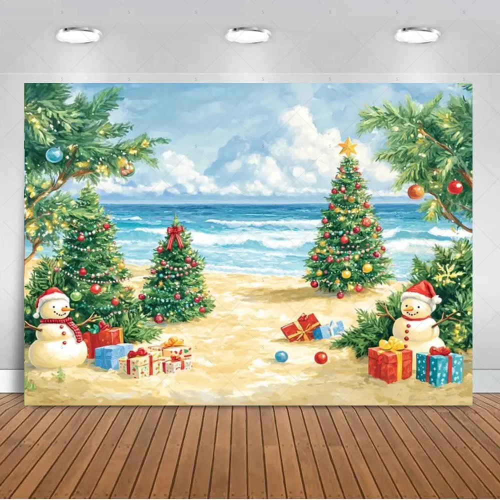 Meer Strand Weihnachtsmann Hintergrund liefert Weihnachtsfeier Dekorationen Weihnachtsbaum Schneemann Hintergrund Banner Fotoshooting Requisiten