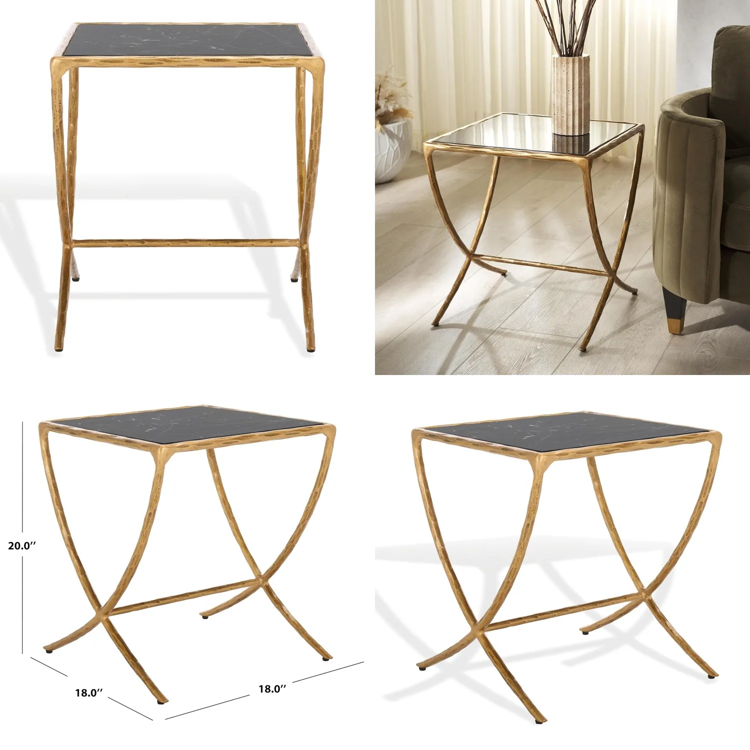 

Brass Base Black Marble Top Rectangular Accent Table Living Room Bedroom Fully Assembled, Customized