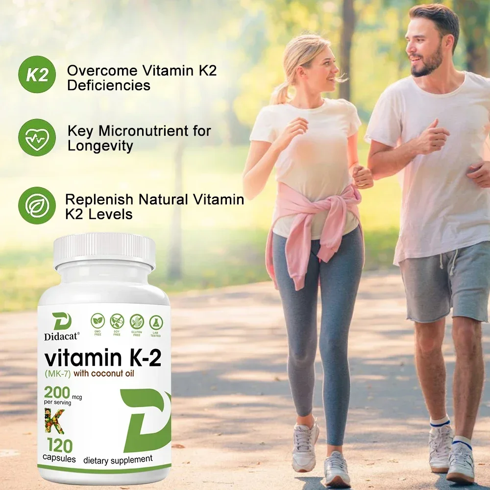 Vitamina K2 (MK-7) com óleo de coco 200MCG Cápsulas de vitamina não OGM, vegana, natural, sem glúten, metabolismo de cálcio, saúde óssea