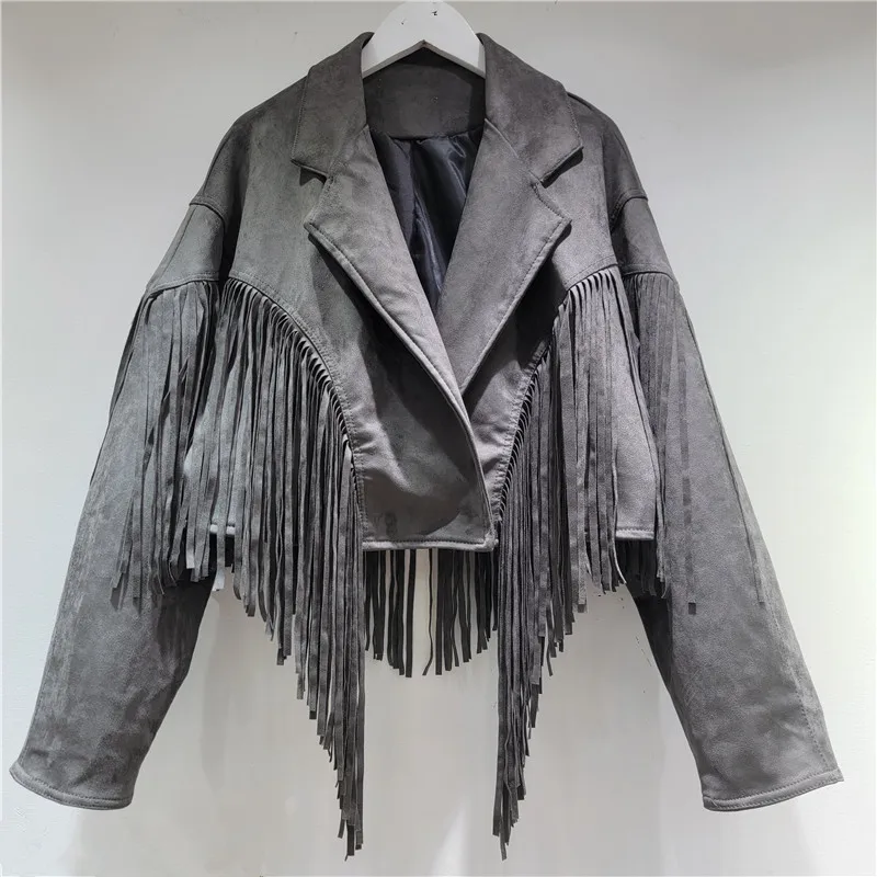 النساء فو سترات من الجلد الصلبة معاطف قصيرة شرابة رفض طوق طويلة الأكمام مغطاة زر فضفاضة تناسب الشارع الشهير 2025 الخريف