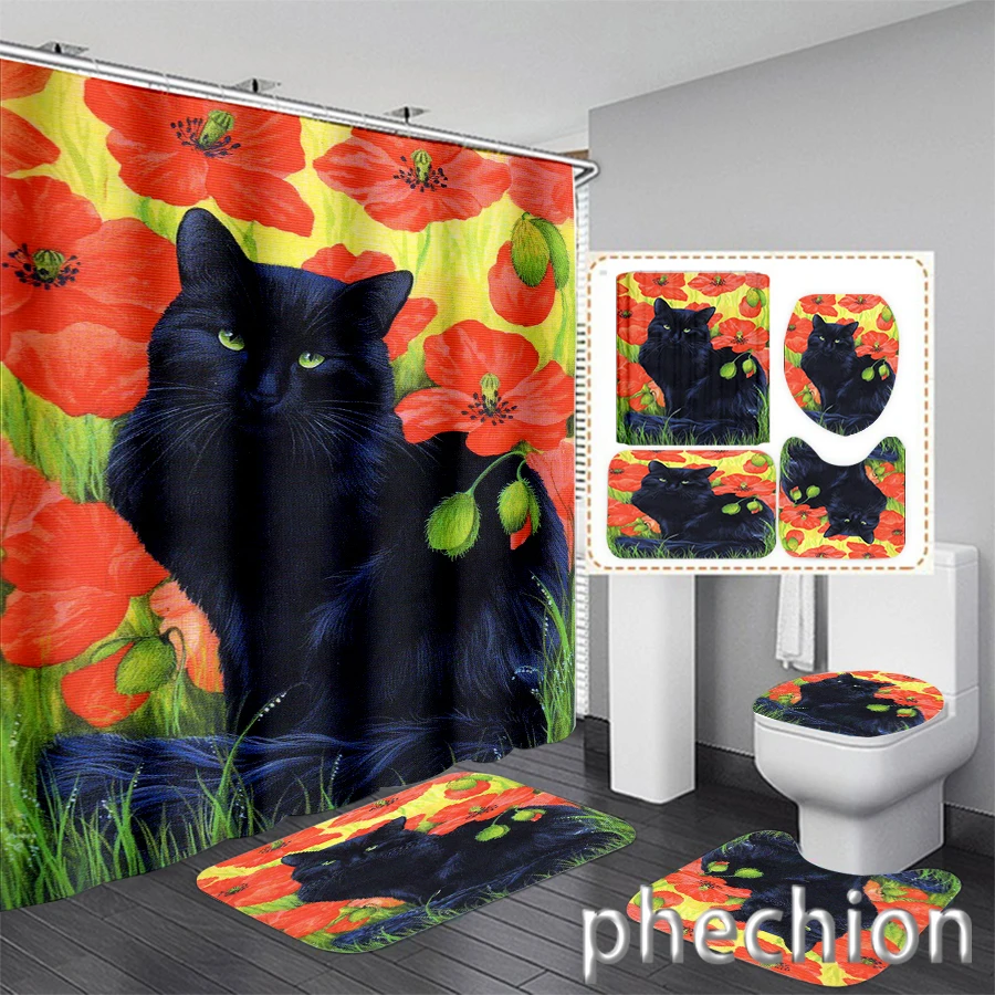 New 3D Print Cat Shower Curtain Waterproof Bathroom Curtain Anti-slip Bath Mat Set Toilet Rugs Carpet VR50