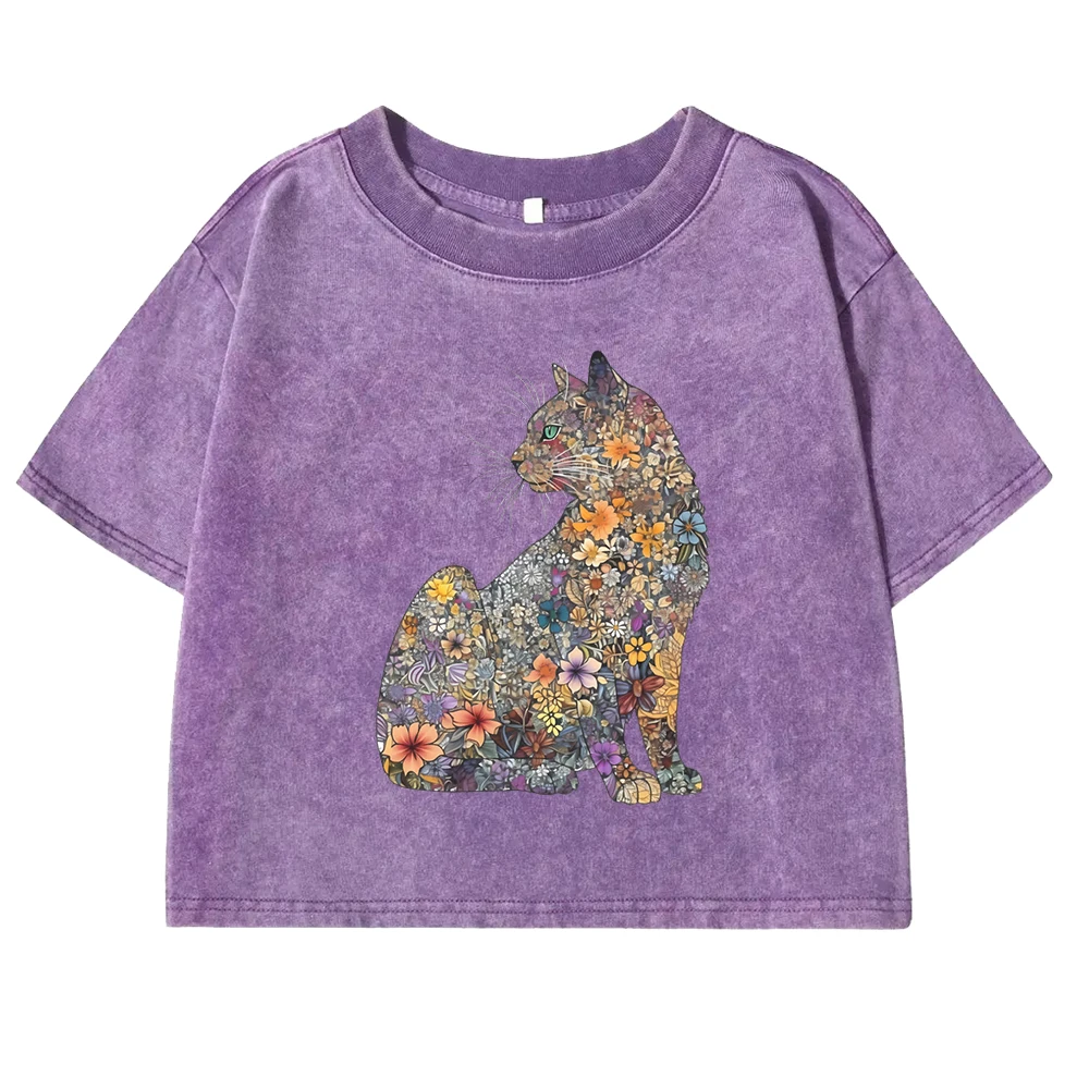 

Flowers & Cats Printing Washed T Shirts Women Fashion Crop T-Shirt Street Casual Tees Clothing Summer Cotton Short Sleeve