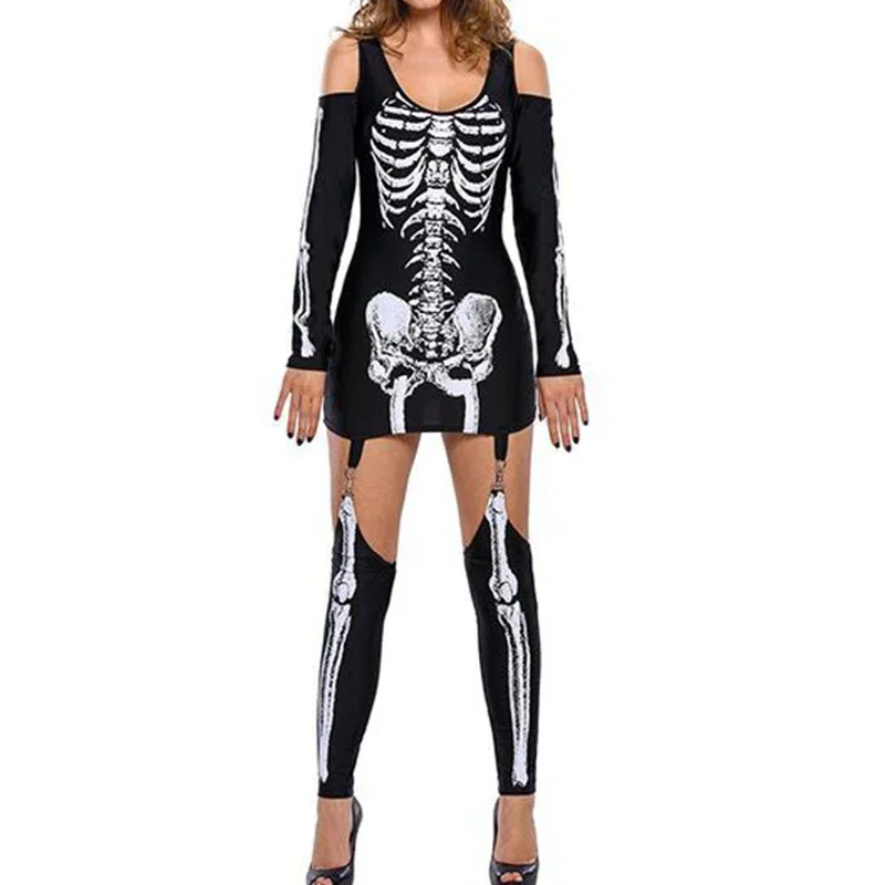 

New Makeup Ball Skull Skeleton Print Sexy Off Shoulder Halloween Costume Dark Performance Dress