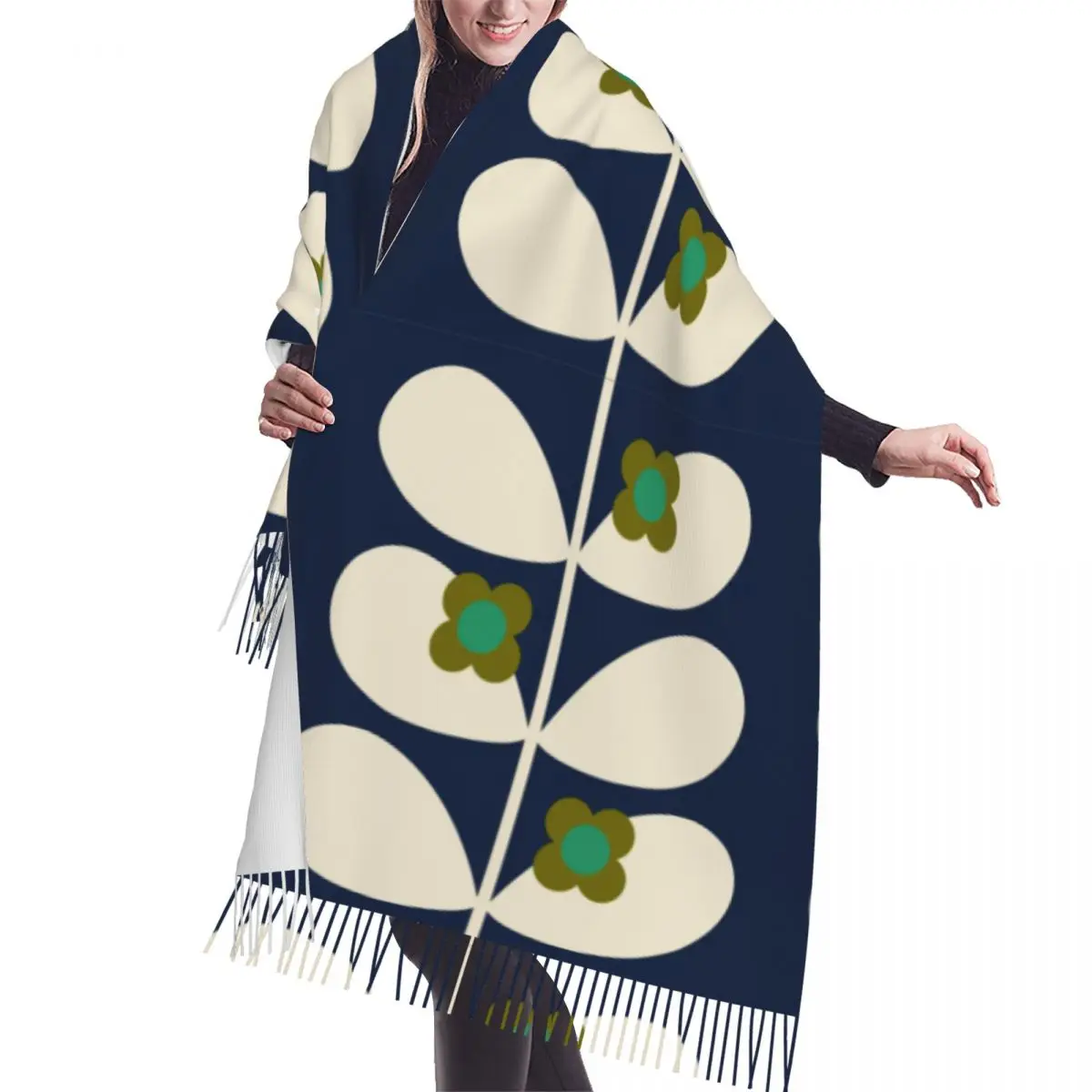 

Custom Print Wild Rose Stem Navy Orla Kiely Tassel Scarf Women Winter Warm Shawls Wraps Ladies Fashion Versatile Female Scarves