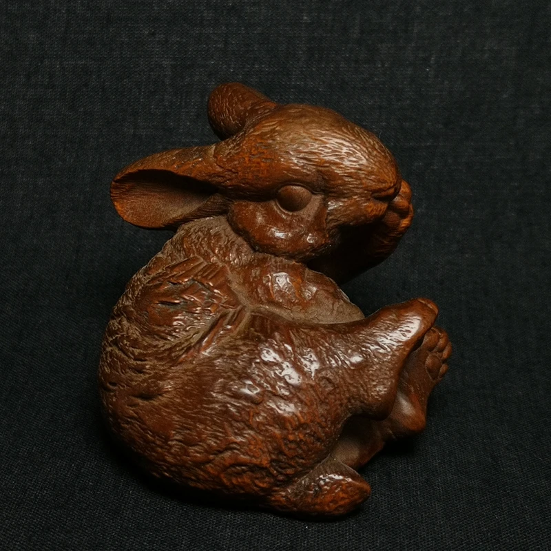 

YIZHU CULTUER ART Size 2.5 Inch Old Chinese Boxwood Wood Hand carved Rabbit Figurine Statue Netsuke Decoration Gift Collection