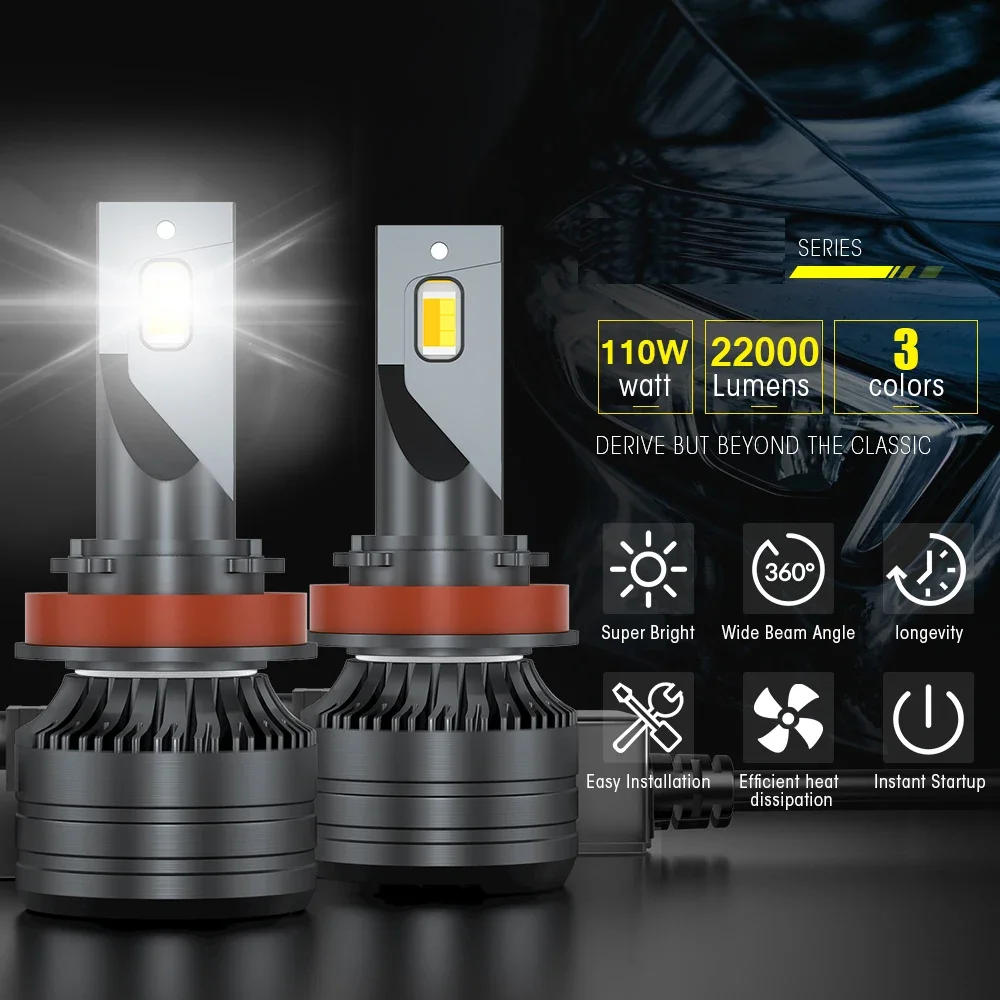 OVEHEL Car Headlight Dual-color H4 LED 22000LM Tri-color H7 H11 H8 9005 HB3 9006 H3 LED Bulb 12V 6000K 3000K 4300K Fog Lamp