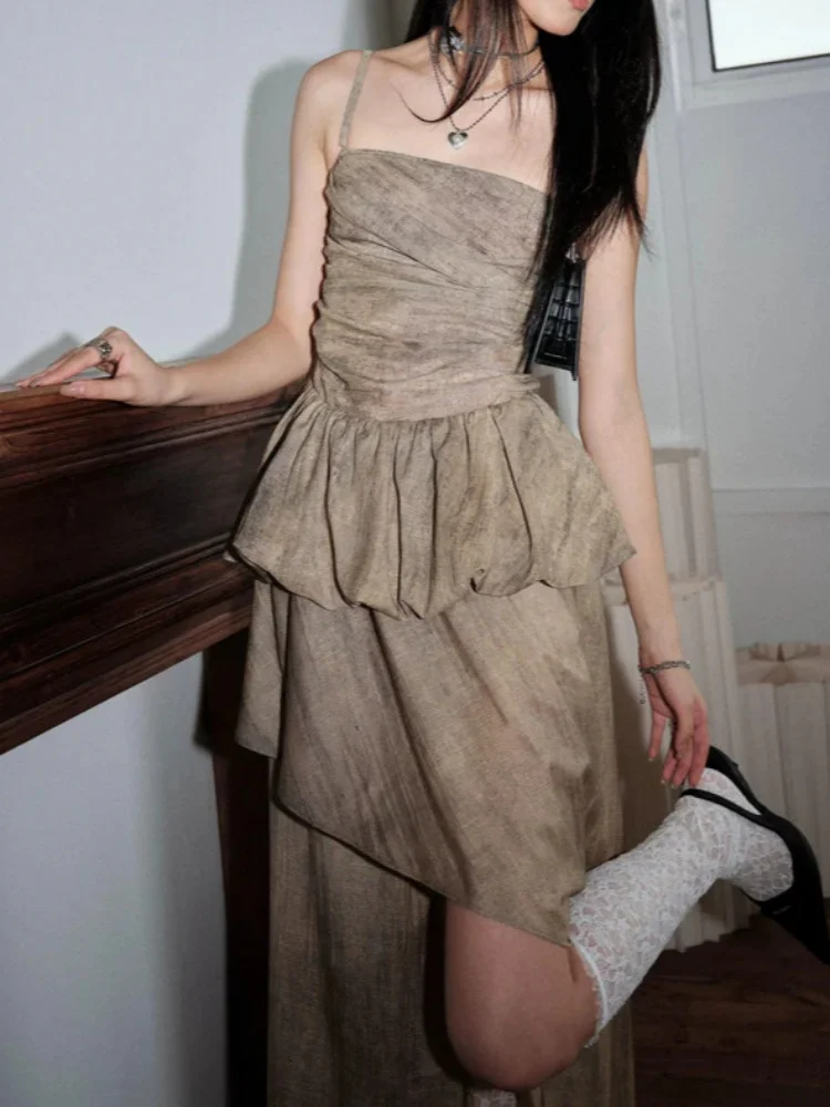 طقم قميص قصير أنيق مكون من قطعتين عتيق ثنيات من الخلف غير متماثل وتنورة طويلة عالية الخصر #3