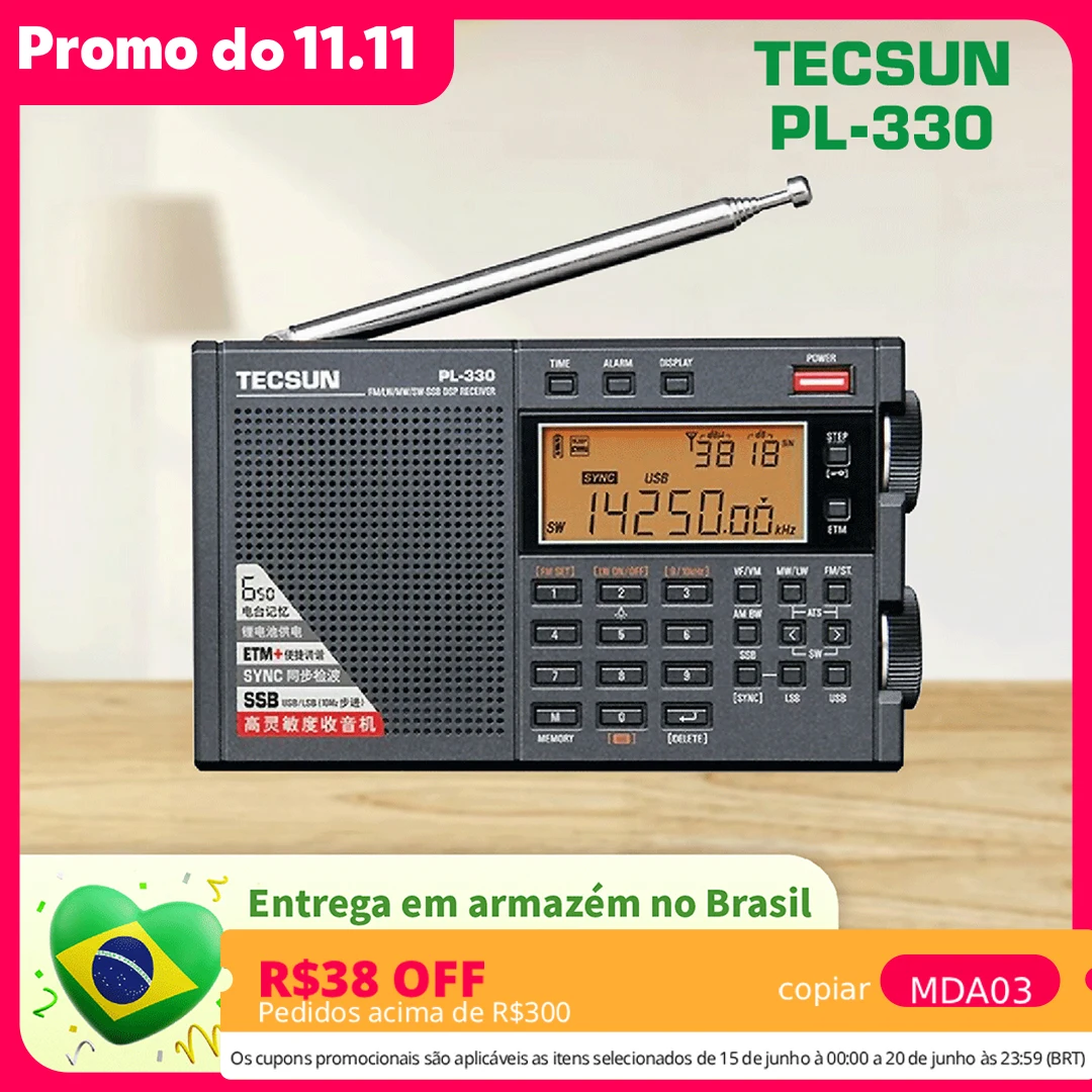 Rádio Tecsun PL330 PL-330 Multibanda Completo Envio Direto do Brasil Estoque BR FM Onda Média MW Onda Curta SW LW SSB Banda Lateral Única DSP Alta Sensibilidade Portátil com Receptor Profissional