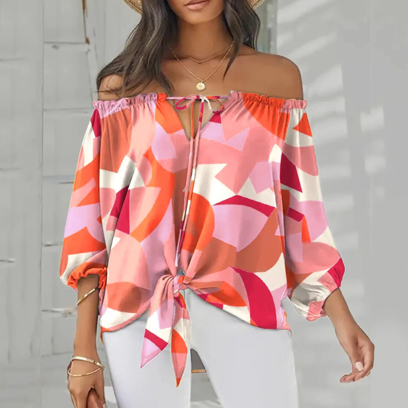 

Summer Casual Shirt Women Fashion Sexy Off Shoulder Print Beach Party Blouses Elegant Lace Up Retro Ethnic Tops