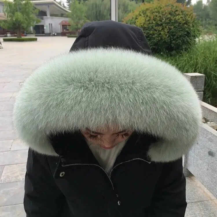 Fox Fur Collar Women Winter 100% Real Fur Scarf Down Jackets Genuine Leather Fluffy Neck Warm Furry Scarves Hood Shawls