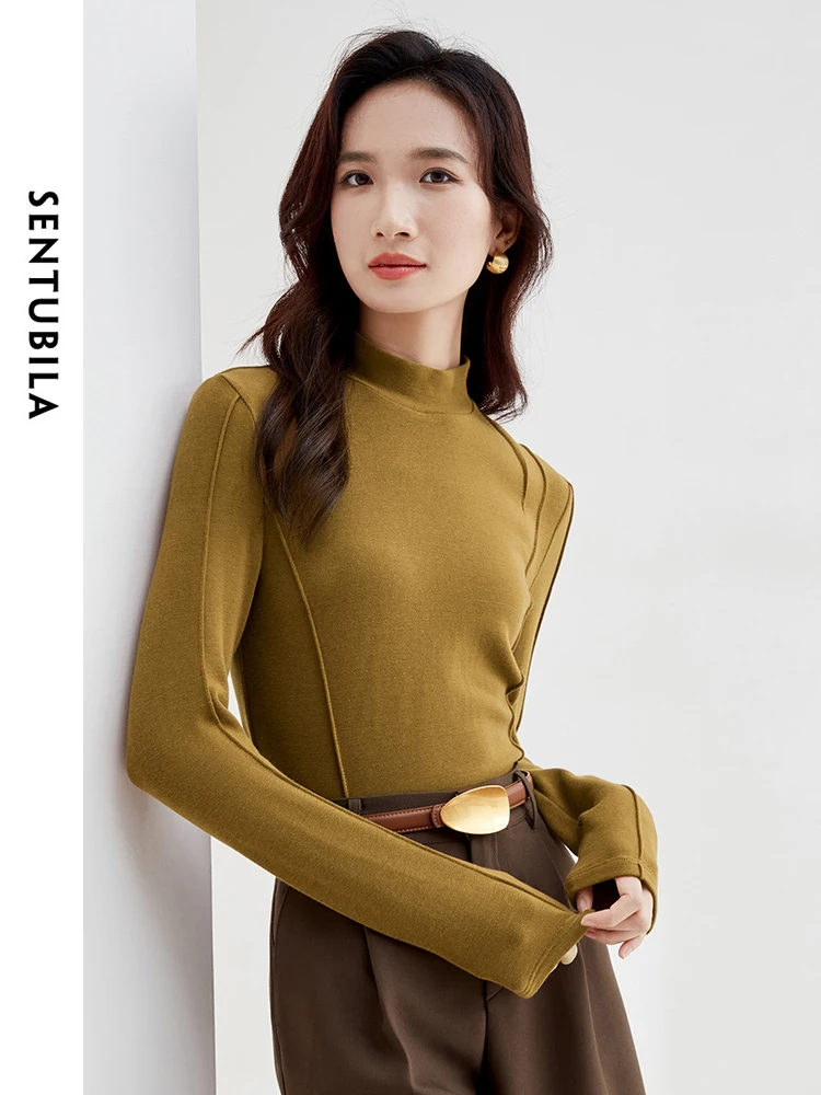 

SENTUBILA Coffee Fleece Tshirt Woman High Strecth Slim Long Sleeve Top 2024 Spring Half Turtleneck Pullovers Female 134T52063