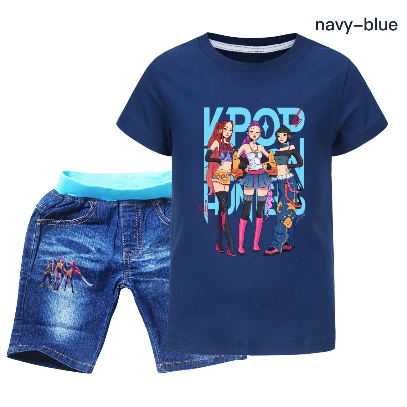 

Детский спортивный костюм KPop Demon Hunters, милая футболка с героями мультфильмов, джинсовые шорты, комплект для девочек и мальчиков, летняя одежда для подростков, наряд