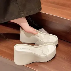 Summer New Thick Bottom High Heel Slippers for Women Fashionable PVC Transparent Belt Wedges Sandals Platform Casual Slides Shoe