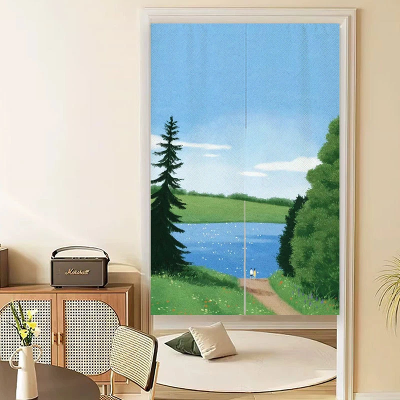 VIKAMA Minimalist Green Tree Noren Door Curtain Grassland Watercolor Print Polyester Partition Curtain For Entryway Home Decor - view 4
