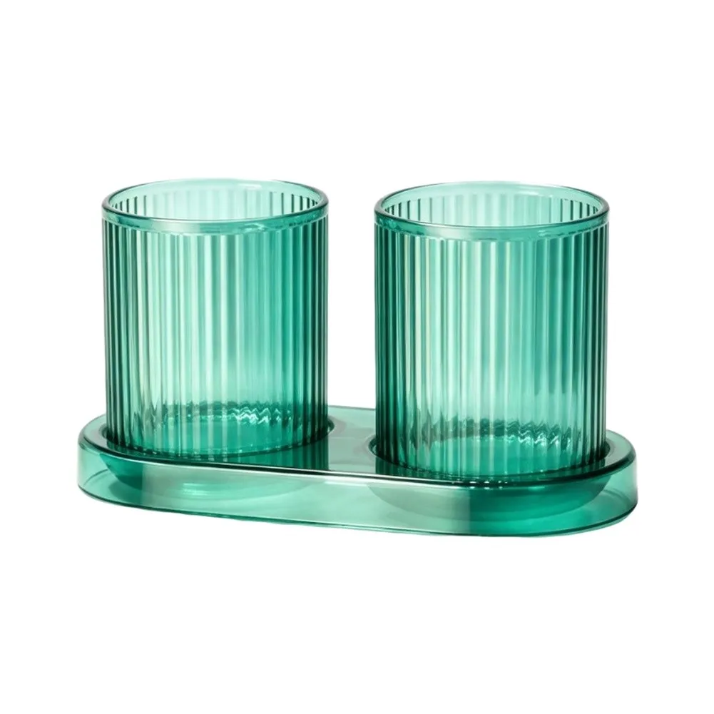 Mouthwash Cup Set 2 pcs + 1 Base for Tumbler and Toothbrush Storage - Vertical Striped PET Cups Orange Green Black