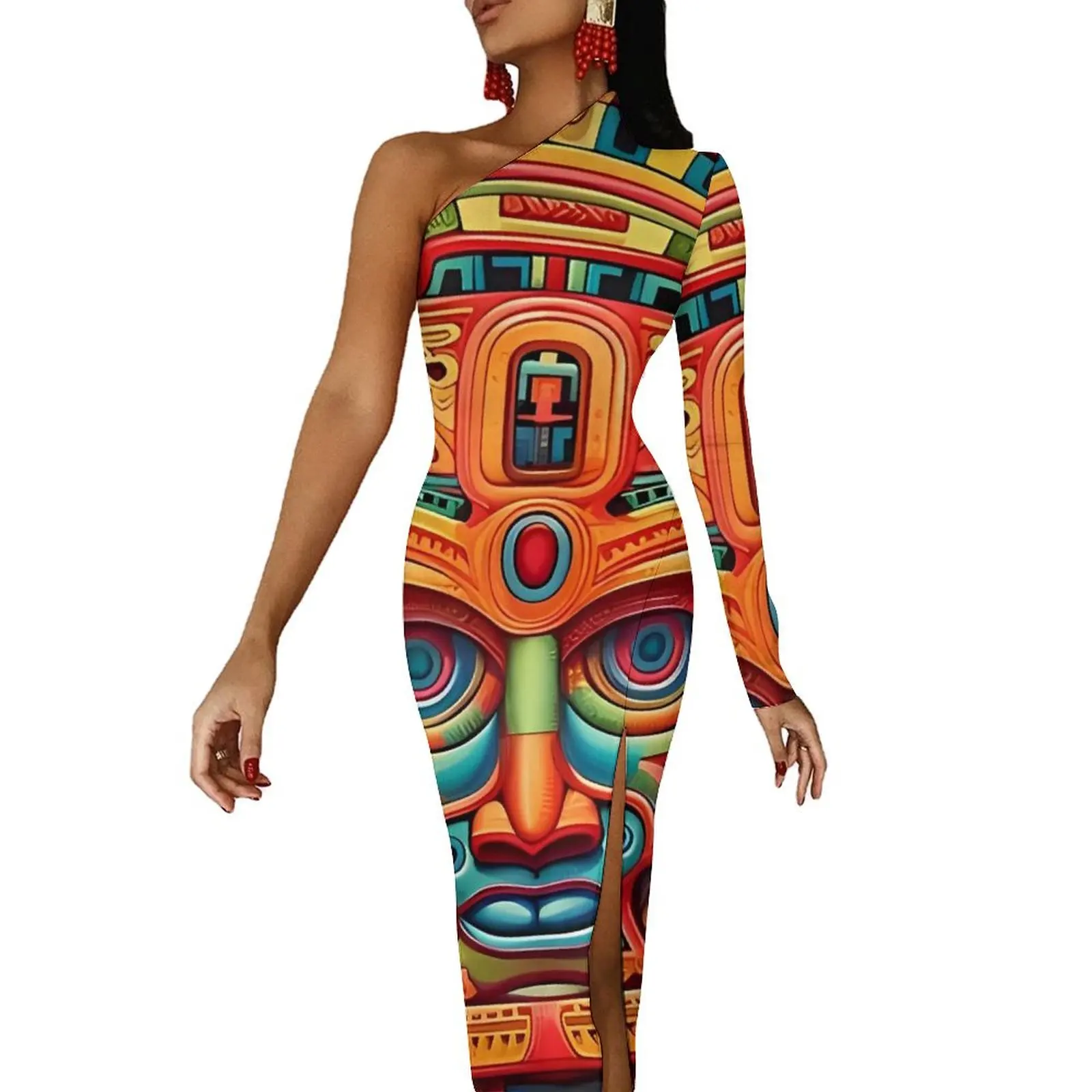 Abstract Aztec Art Maxi Dress One Shoulder  Aesthetic Bodycon Dresses Autumn Club Dress Women Custom Vestidos