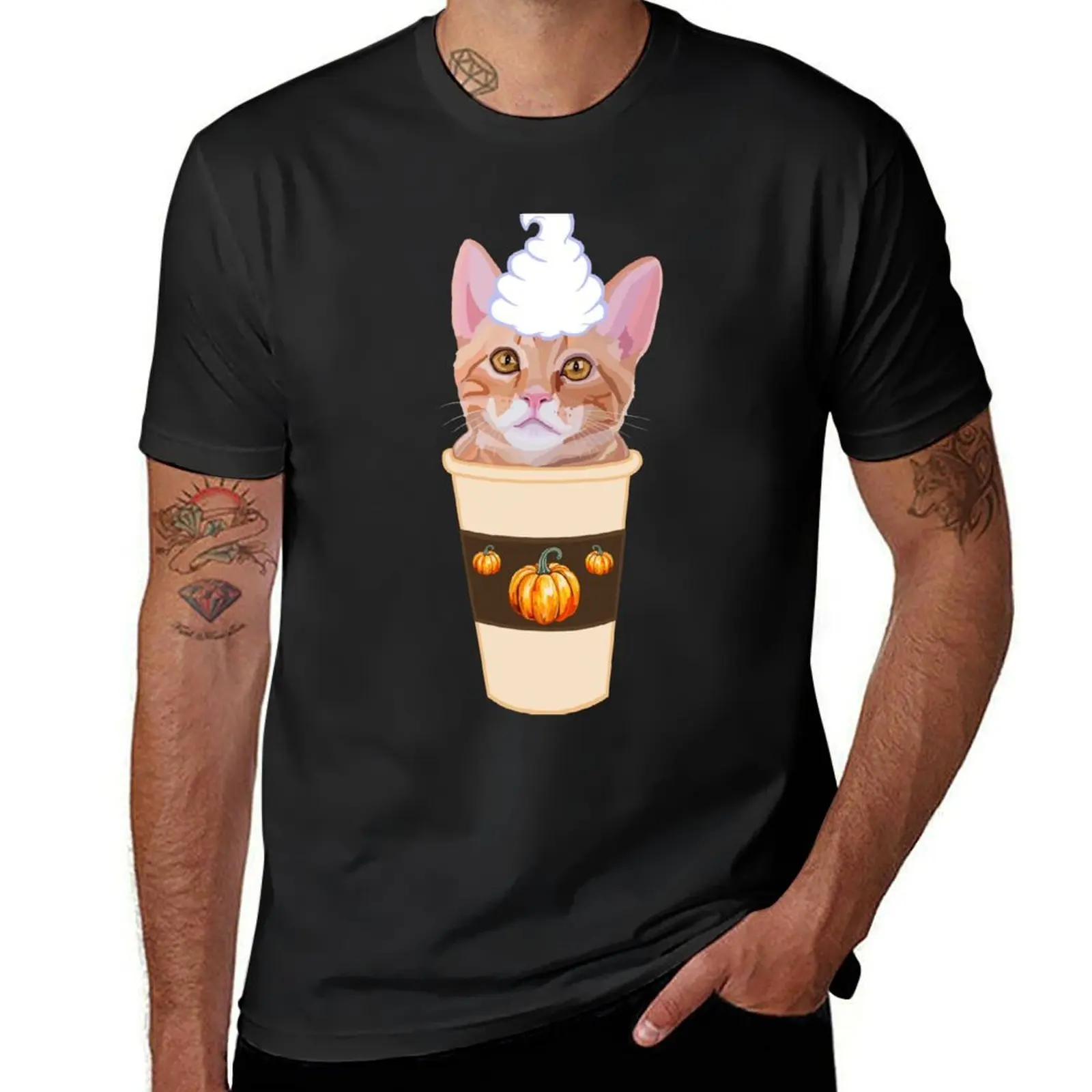 Camiseta con diseño personalizado para hombre, prenda de vestir, de peso pesado, con diseño de calabaza, especias, jengibre, gato, café, Latte, moda coreana