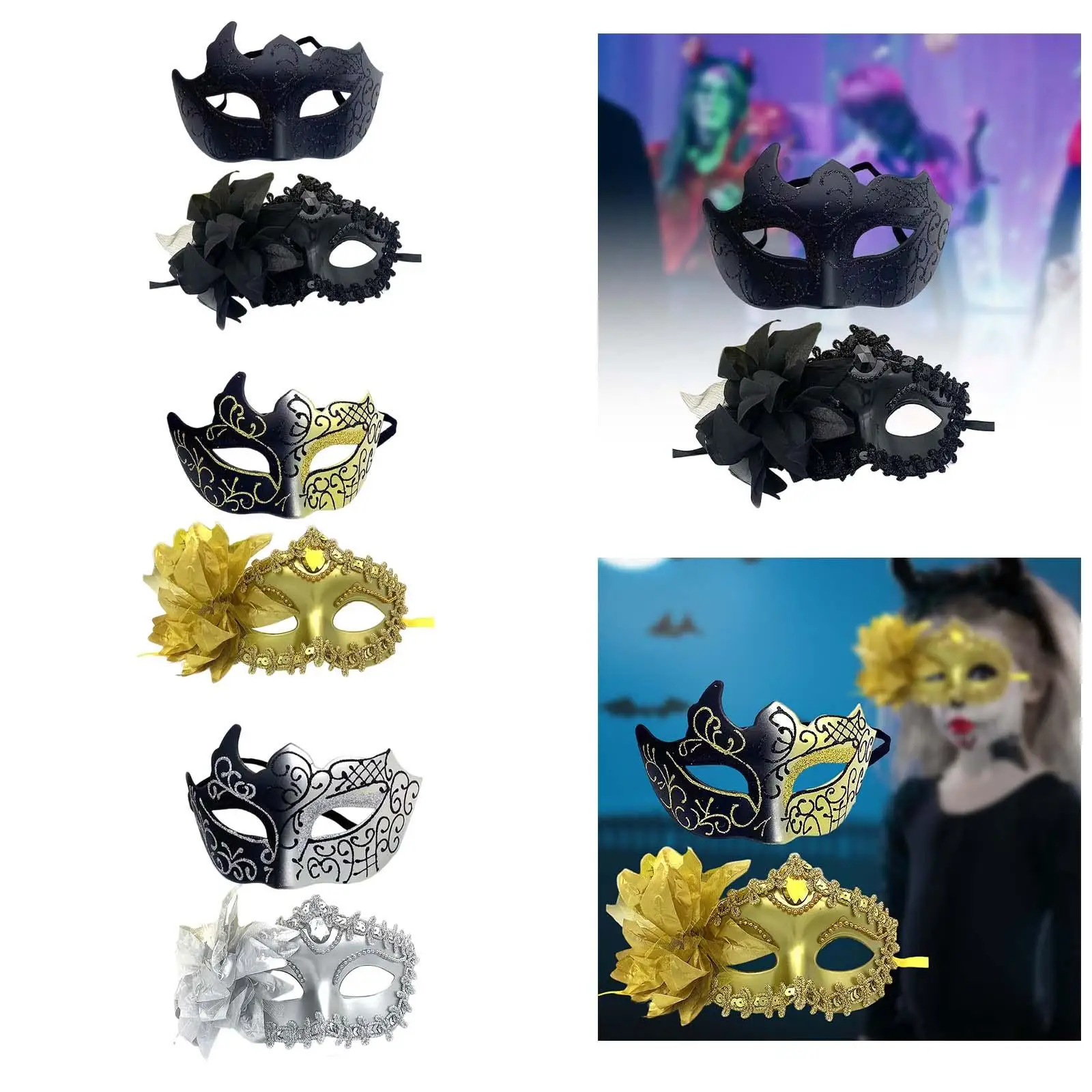 

2Pcs Half Face Mask Costume Halloween Prom Ball Couple Masquerade Mask Set