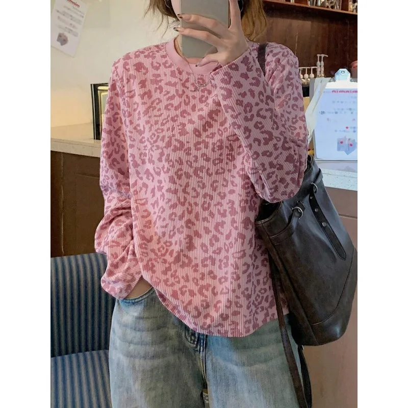 

Женская модная толстовка из вельвета с леопардовым принтом, весна 2026, с рукавами-крылышками, из других материалов, 100% комфортная, повседневная, уличная футболка
