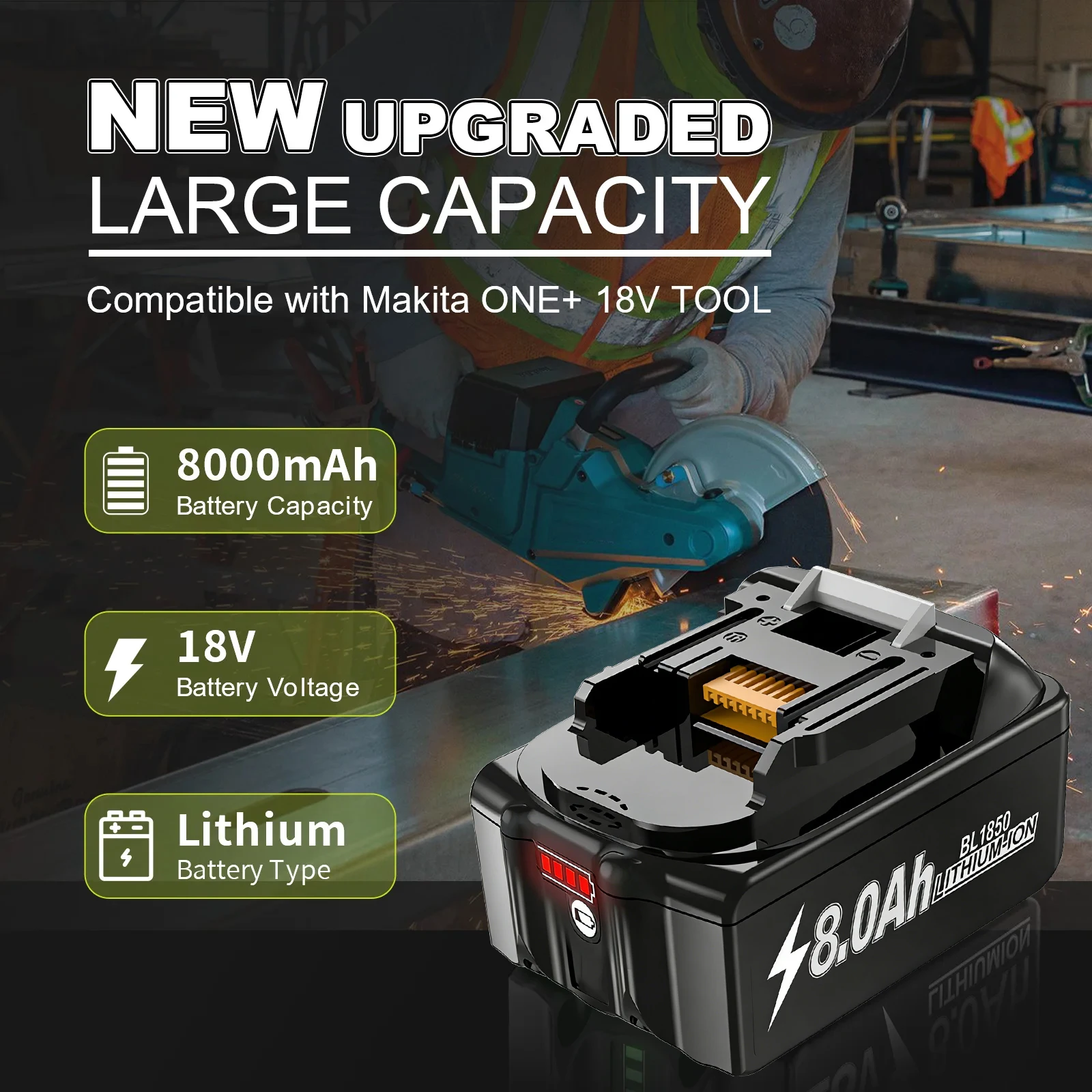 18V 8.0Ah Lithium-ion Rechargeable Battery High Capacity Long Lasting Compatible with Makita BL1840B BL1850B BL1860B