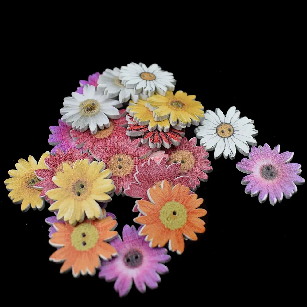 50PCS 25MM Sunflower Random Mixed Flower Painted Wooden Buttons Decorative Buttons for Sewing Scrapbooking Crafts DIY Craft