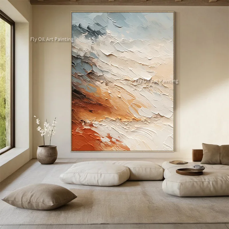 Boho Warm Color Block Abstract Oil Painting Heavy Relief Impasto Canvas Wall Art Handmade Contemporary Textured Wall Artwork