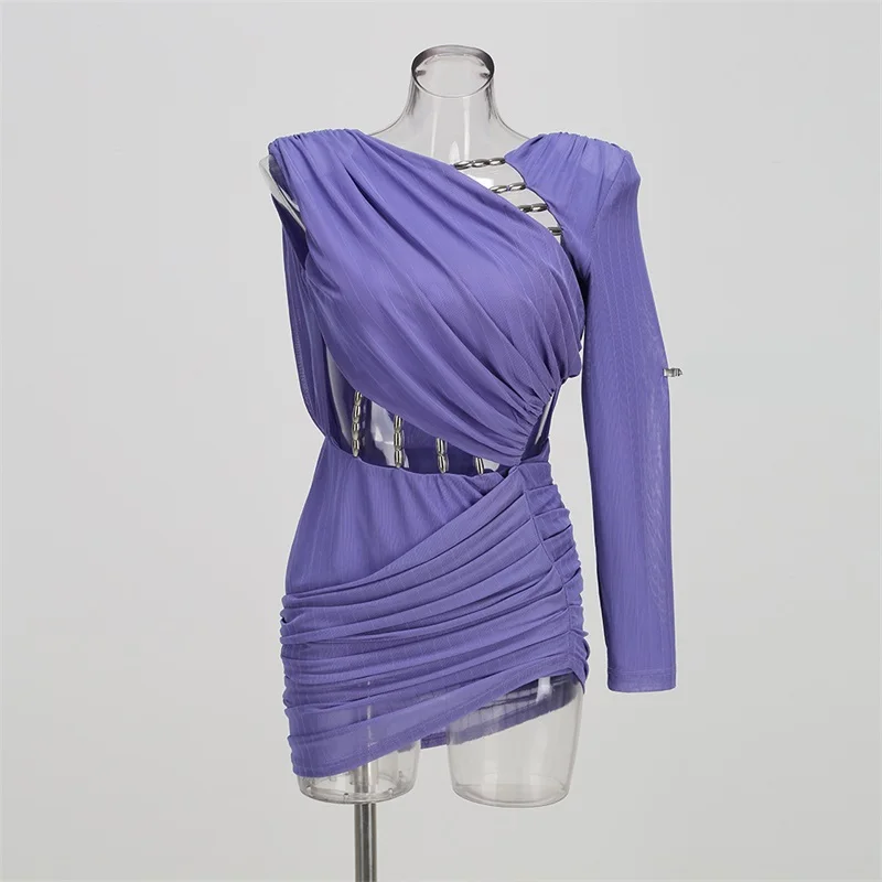 퍼플 프롬 드레스 섹시한 홀터넥 긴 소매 짧은 미니 쉬스 파티 가운 가을 비즈 장식 정장 웨딩 게스트 생일 드레스