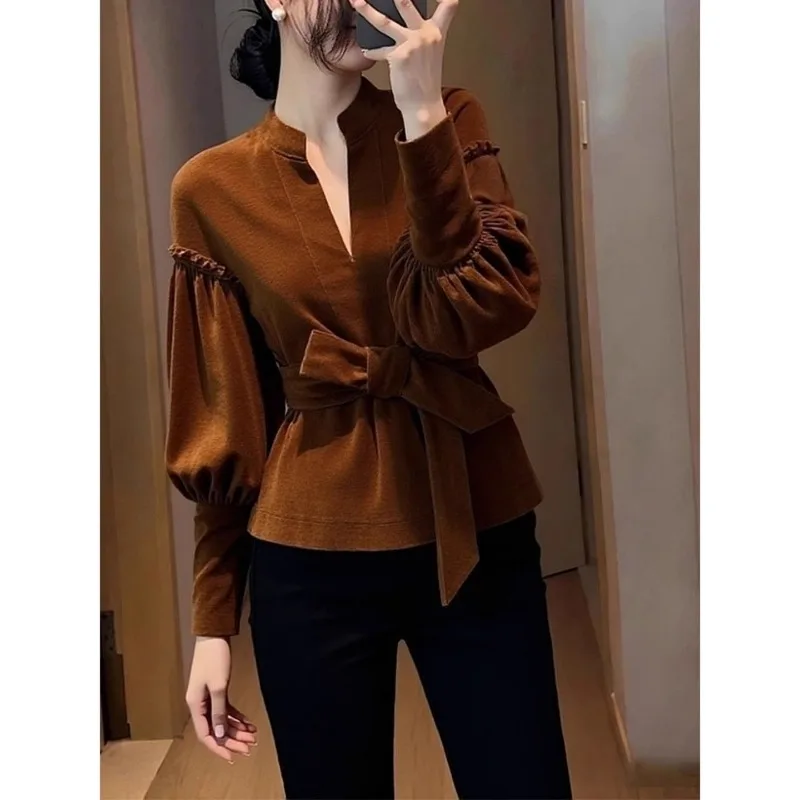 جديد الراقية المخملية بلوزة المرأة الخريف موضة أنيقة الخصر النحيف الدانتيل يصل القوس فانوس كم الخامس الرقبة بلون علوي مكتب سيدة #3