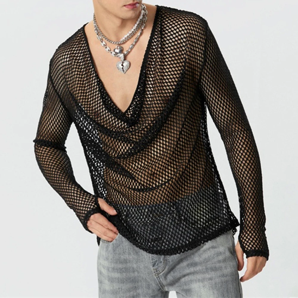 Mens Sexy See-Through Mesh Long-Sleeved Top 2024 New Genderless Nightclub Individuality Youthful Thin Low-Cut T-Shirt Unisex