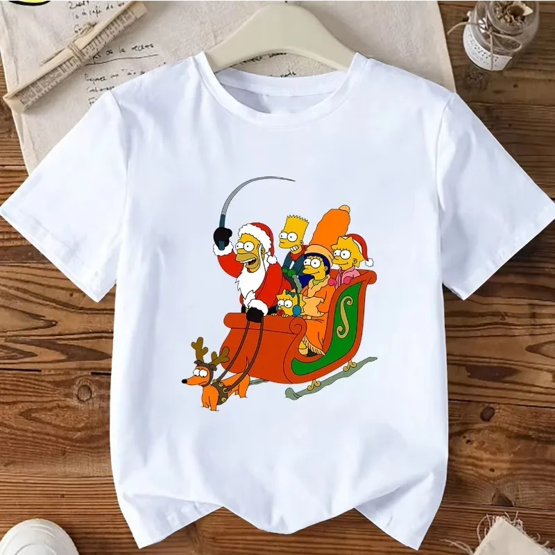 

Summer Simpsons: The Simpsons and Santa Claus Riding A Sleigh Print Men's and Women's Round-neck Pure Cotton T-shirts Tops