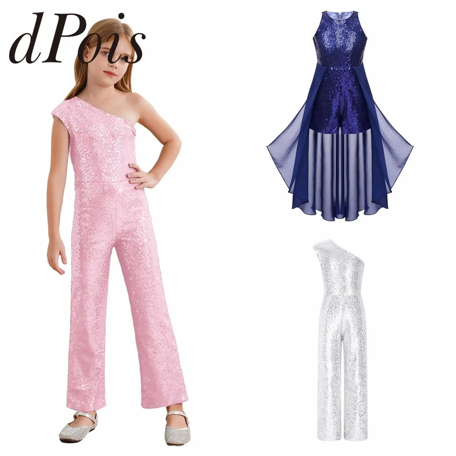 

Girls Birthday Party Sequins Jumpsuits Children Shiny Sequined Sleeveless Bodysuit for Jazz Modern Dance Performance Costume