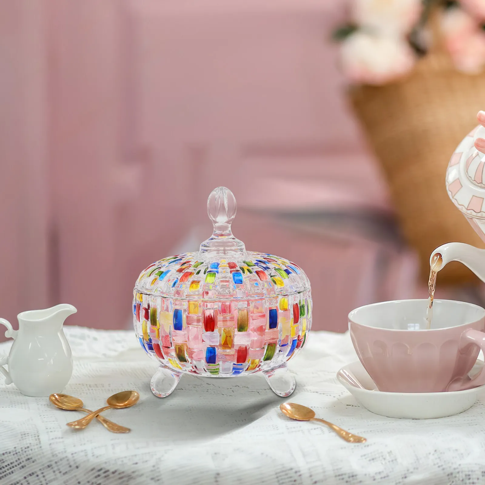 Glass Candy Jar Colorful Woven Pattern Decorative Storage Container for Snacks Biscuits Chocolates Candy Dish Sweet Dish