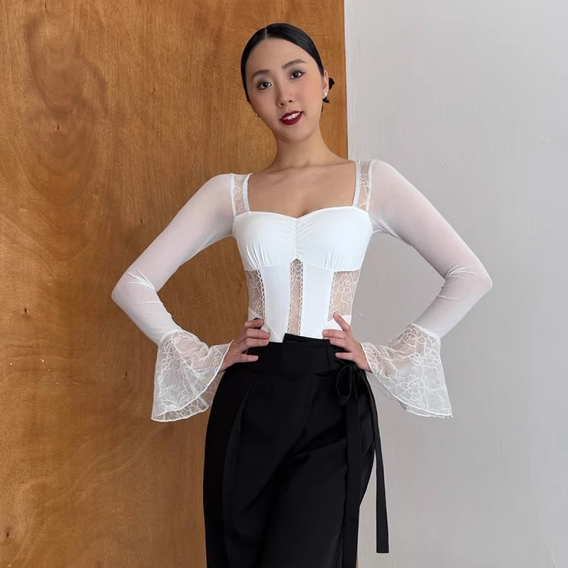 

Ballroom Dance Tops Women Square Neck Lace Long Sleeved Dancing Bodysuit Adult Samba Modern Dance Bodysuit White Black XH2917