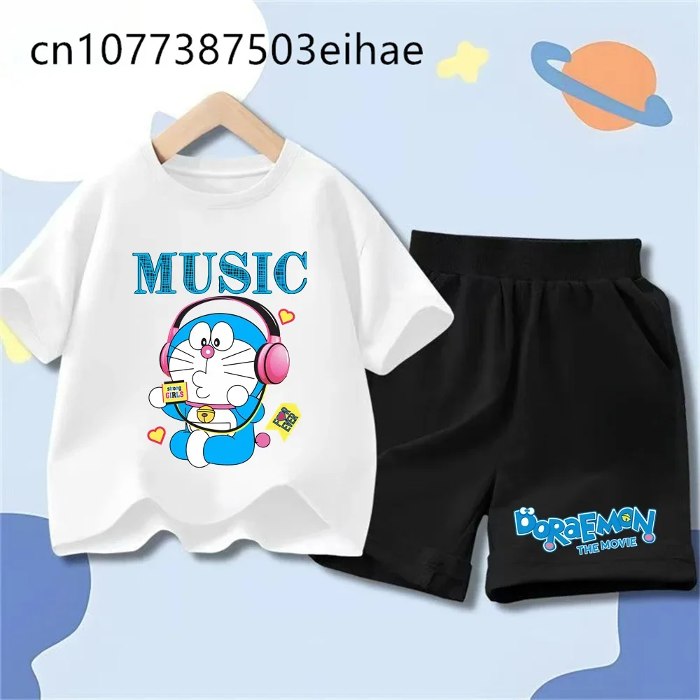 Doraemon Universal Boys Girls 2-Piece Suit Cute Cartoon Short Sleeve Top Elastic Shorts Summer Play Wear Birthday Party Gift