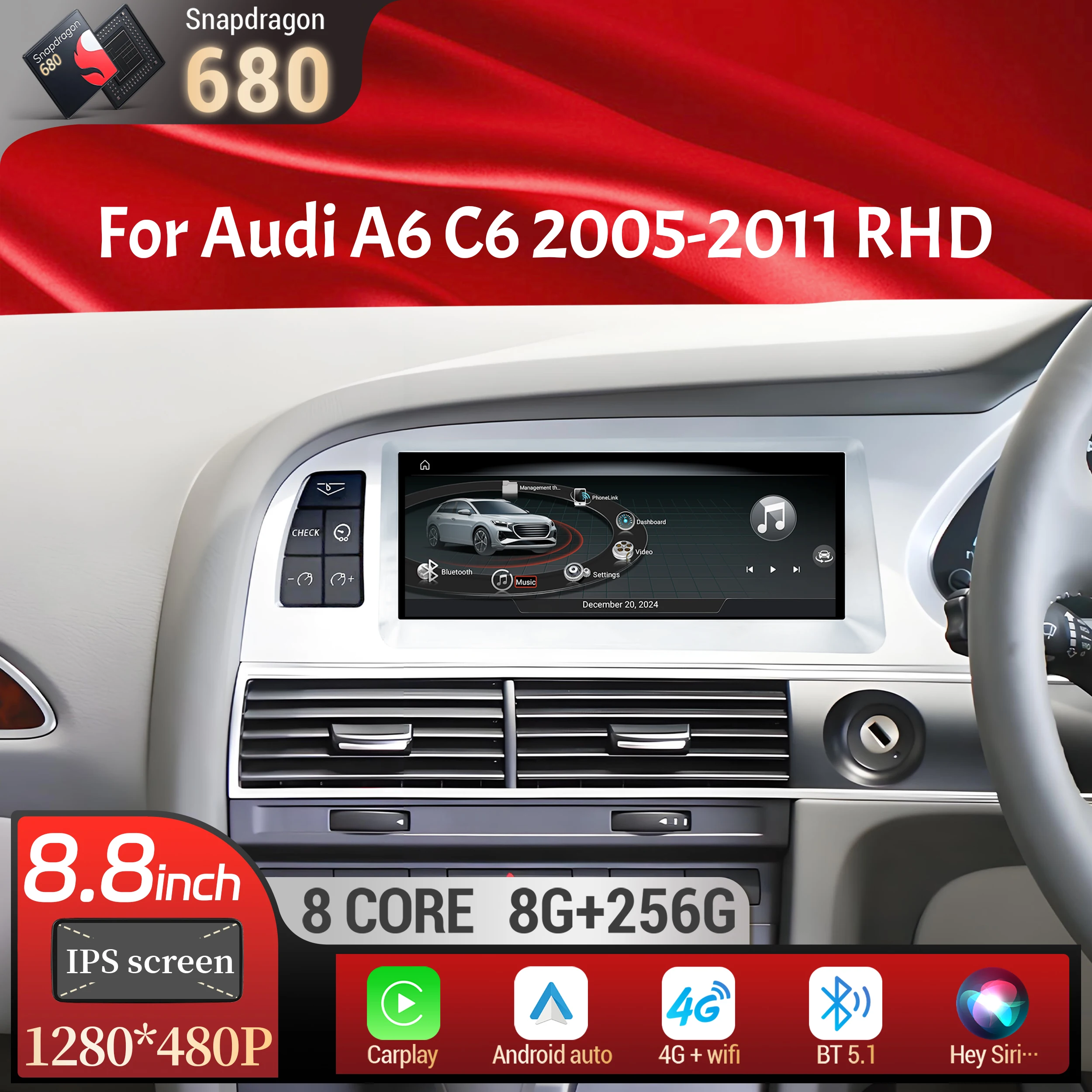 

8.8 inch Right Hand Drive Android 14 For Audi A6 C6 2005-2011 Car Radio Wireless BT Carplay Qualcomm Snapdragon 680 Touch Screen