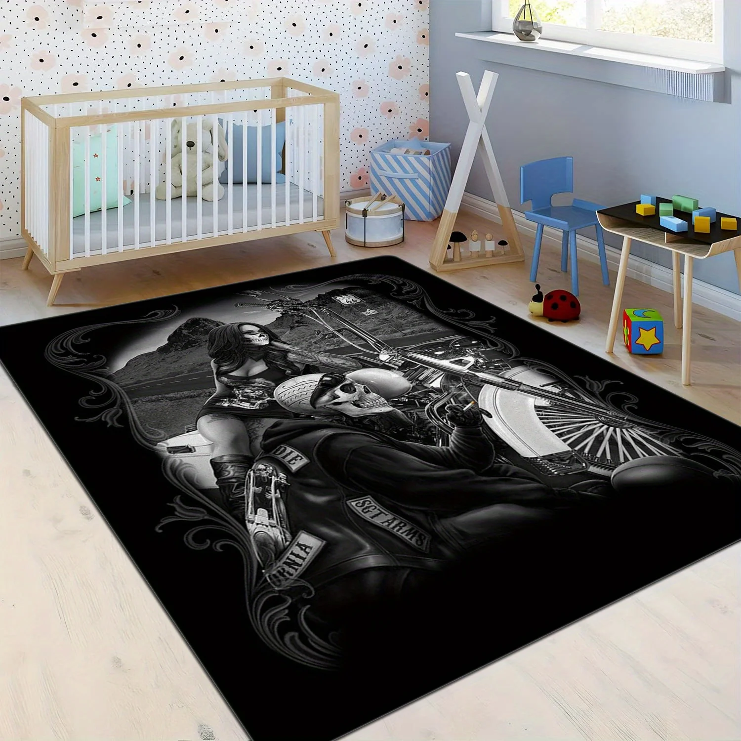 

Gothic Motorcycle Skull Print Rectangle Carpet Art Rug for Bedroom Living Room Soft Fluffy Bathroom Rug Nonslip Mat Home Decor