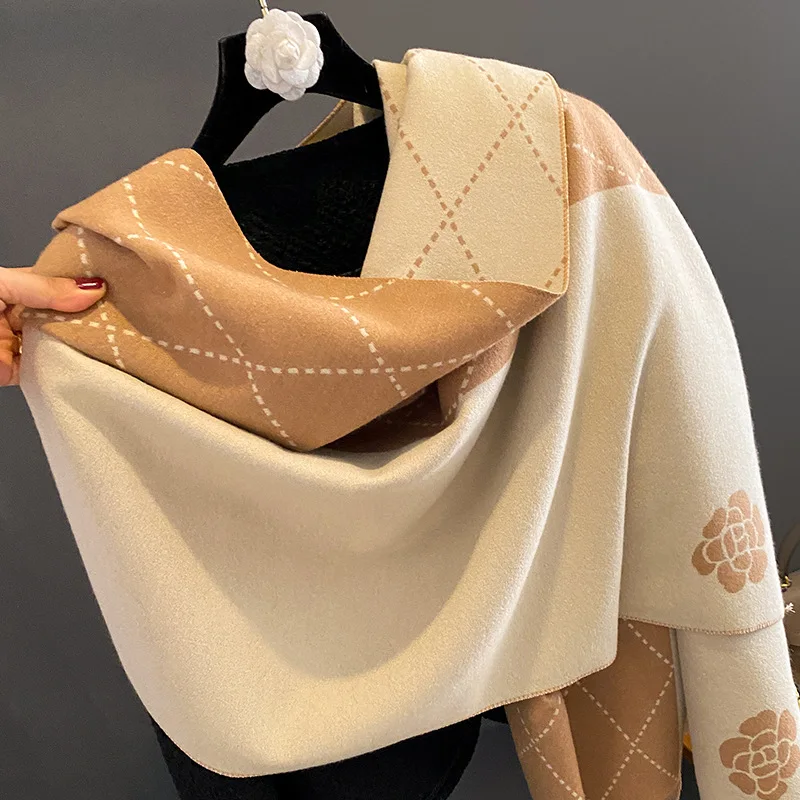 New Women Winter Versatile Imitation Cashmere Double-sided Camellia sinensis Thickened To Keep Warm Style Cold Insulation Shawl