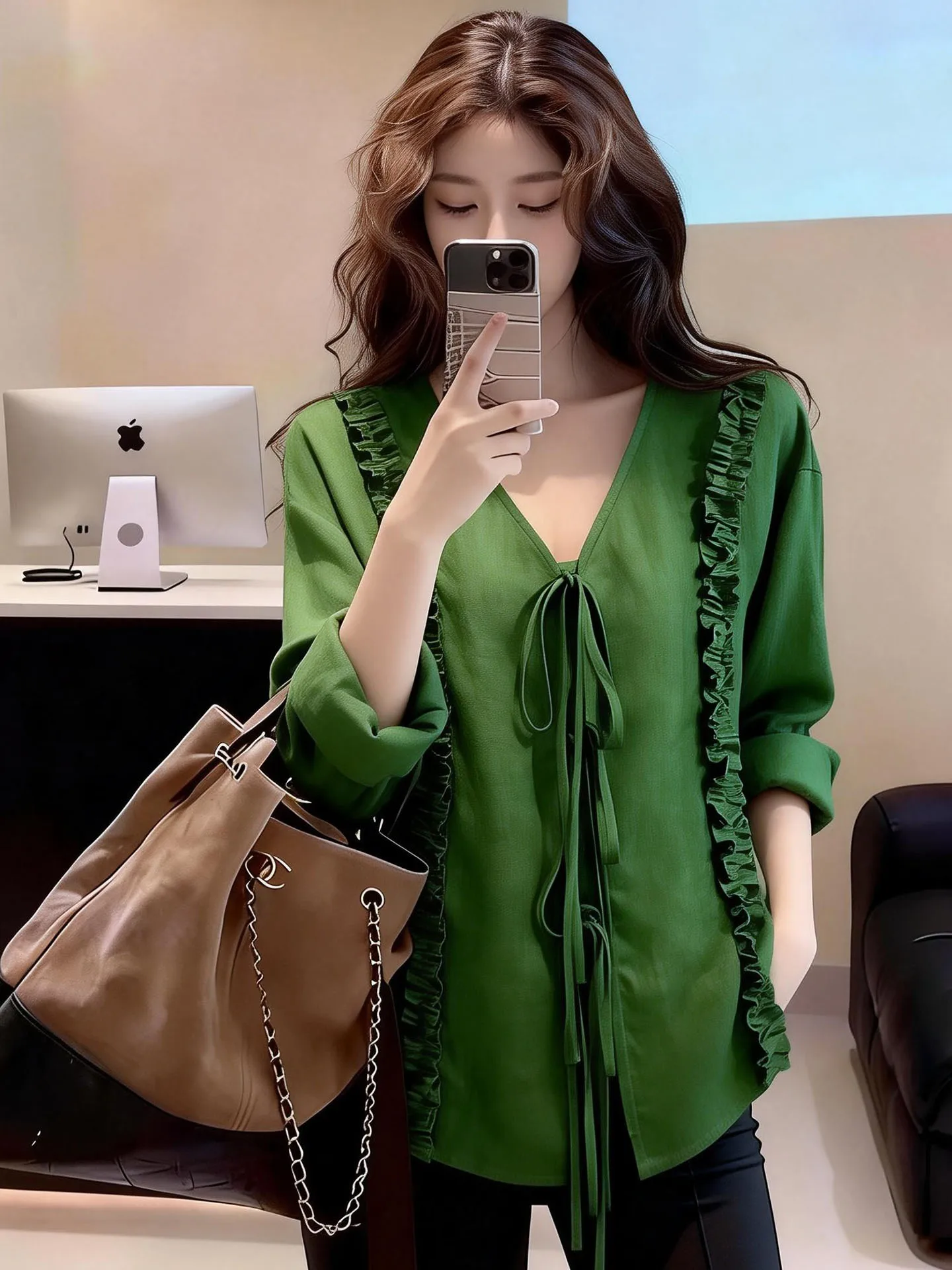 

Retro Sle V-Ne Button-Up een irt Women's Spring 2026 Slimming High-End Feel Top Faionable Lady Commute Sle