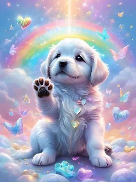 

Rainbow Golden Retriever Puppy Jigsaw Puzzle, Cute Dog Waving Paw in Pastel Clouds, Whimsical Pet Art for Home Decor