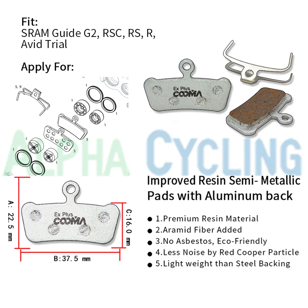 Bicycle Disc Brake Pads for SRAM MTB G2/GUIDE & AVID TRAIL Caliper, 4 Pairs, Ex Plus Aluminum Alloy Backing