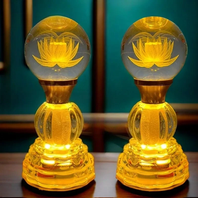 2pcs Buddha Hall LED Colorful Lotus Lamp Chinese Fortune Eternal Flame Offering Lamps Glass Lotus Lamp Buddha Hall Decoration