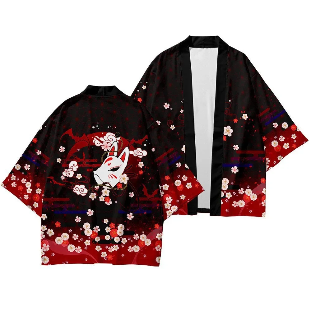 Vintage Red Sakura Kitsune Fox Mask Graphic Haori Kimono Cardigan Black Half Sleeve Coat Harajuku Style Unisex Clothing Tops