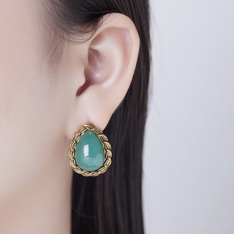 LEWIS SEGAL Medieval Style Green Waterdrop Stud Earrings for Women 18K Gold Colored Glaze Casual Party Daily Retro Fine Jewelry