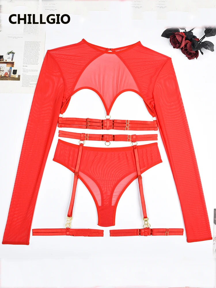 CHILLGIO Women Transparent Mesh Bra Brief Suits Fashion Bodycon Lingerie Erotic O Neck Long Sleeve Solid Intimate Underwear Sets