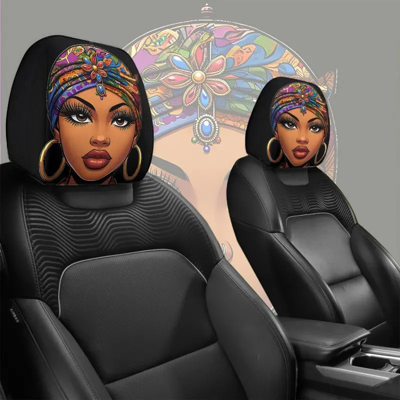 1/2Pcs Car Headrest Covers, Vibrant African American Woman With Turban And Hoop Earrings Print, POD - view 2