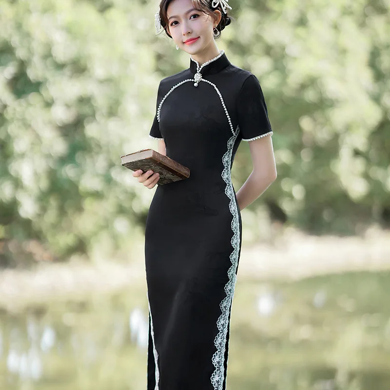 

3 Colors Chinese Style Cheongsam Mother Dress Women Elegant Traditional Lace Evening Dresses Plus Size Long Qipao S To 3XL