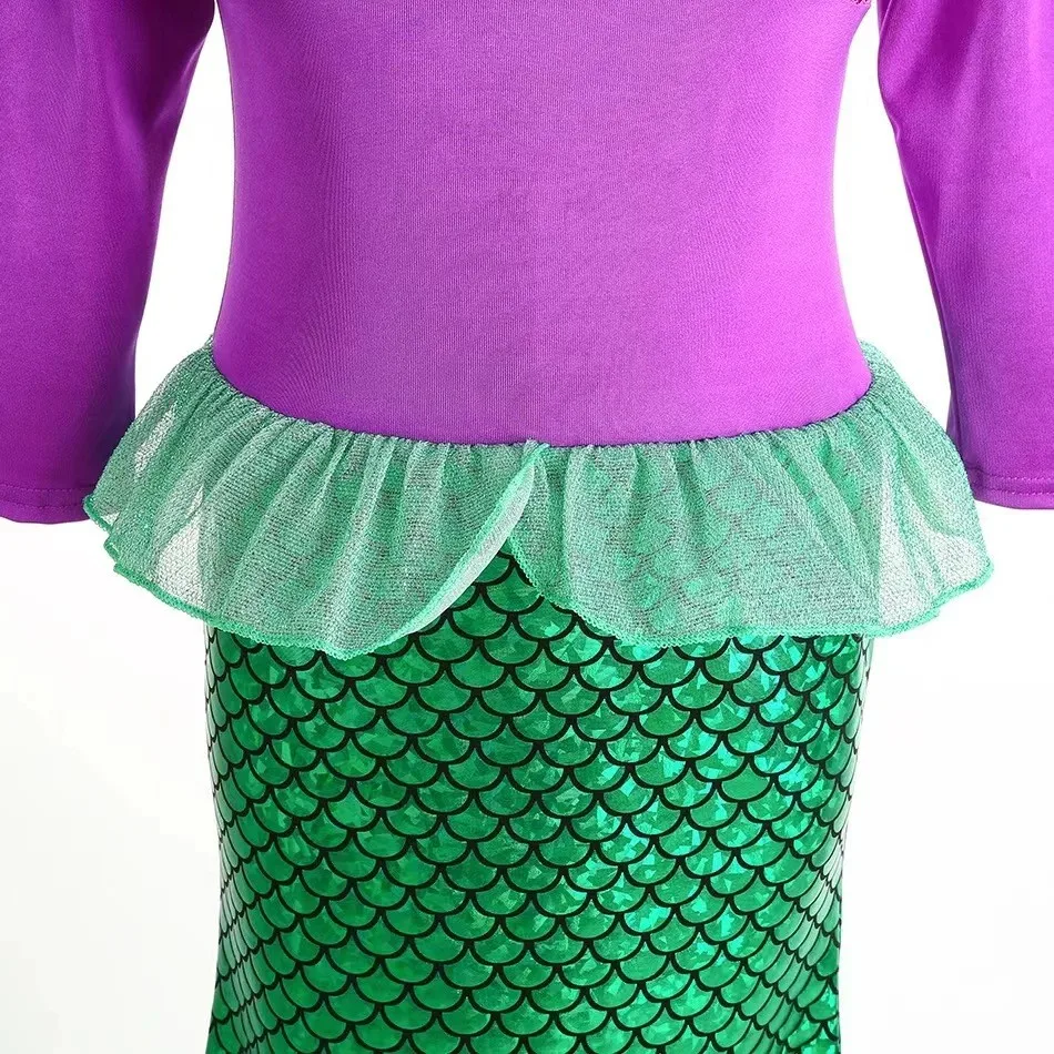 Disney Christmas Holiday Birthday Party Mermaid Princess Same Style Girl Ariel Cosplay Long Sleeve Mermaid Dress Accessory Suit