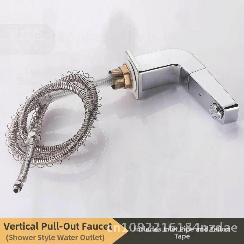 

Four-Piece Wall-Mounted Pull-Out Washbasin Faucet Set Hot And Cold Three-Hole Basin for Bathroom Cabinet with Copper Body