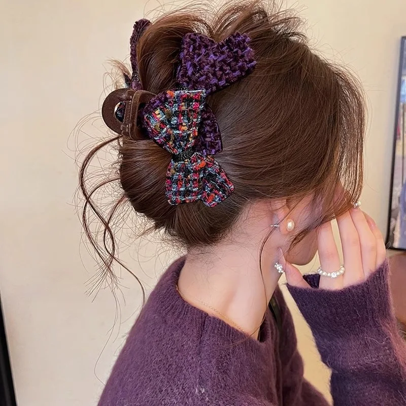 

Color blocked double bow, large size grab clip, women's 2025 new temperament, shark clip hair clip at the back of the head, high